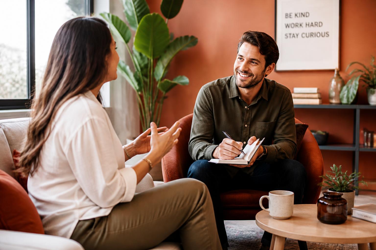 Two people having an energising coaching session in a modern workspace
