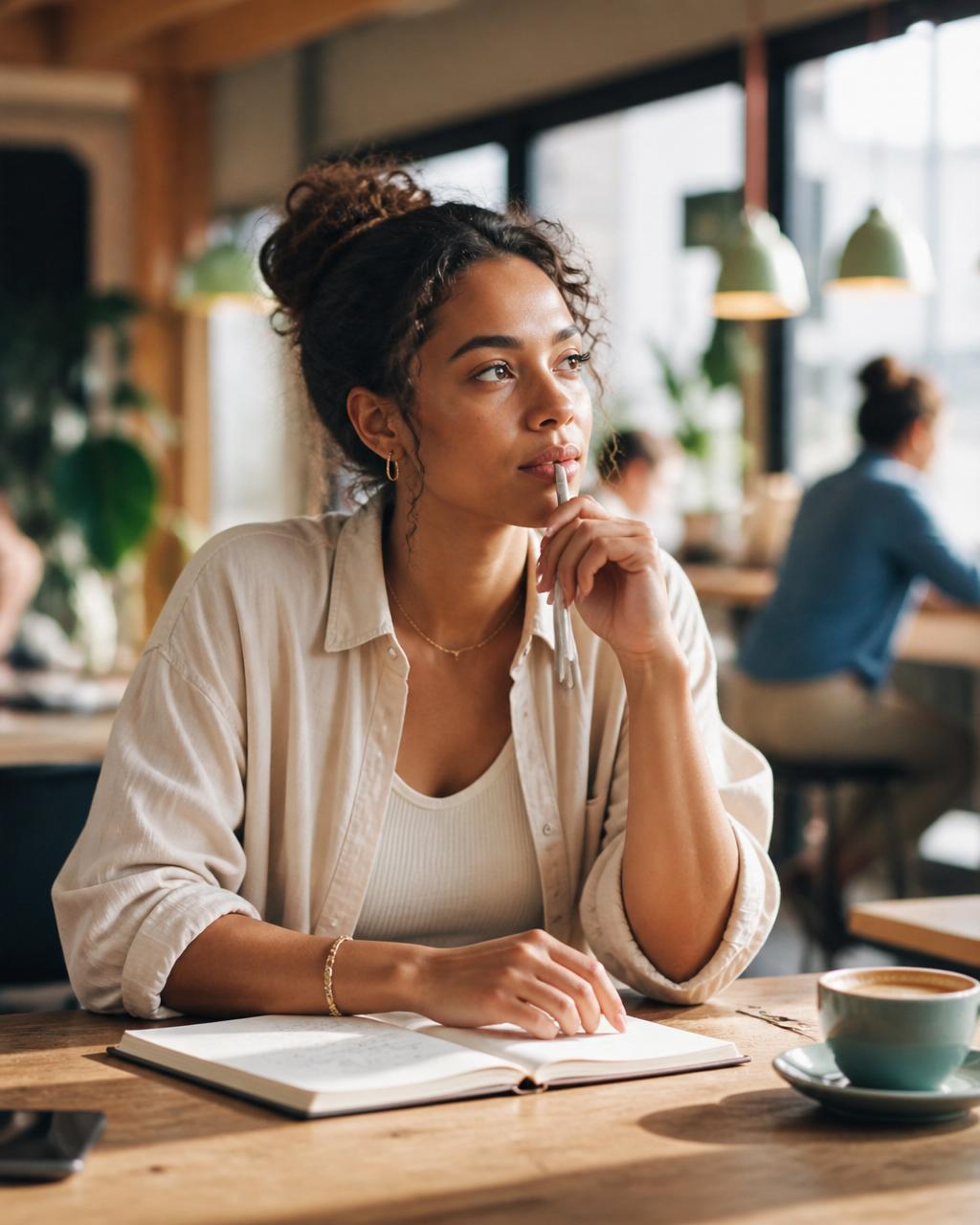 An employee reflecting on personal growth with a notebook and coffee